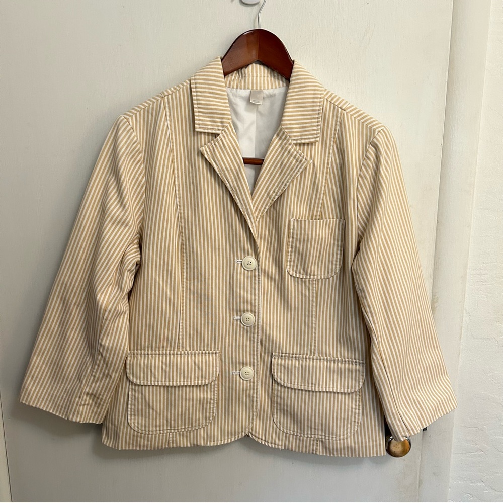 Y2K Old Navy Blazer Jacket Womens L Tan Striped Bracelet Sleeves Preppy Spring